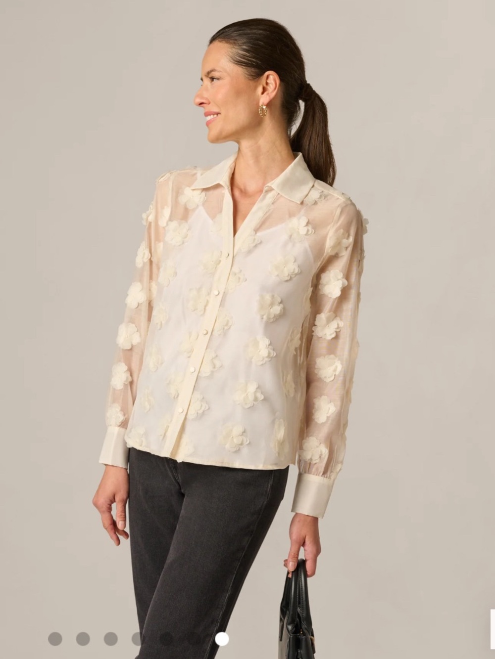 NWT Adrianna Papell Cream Sheer Floral Appliqué Button-Down Blouse